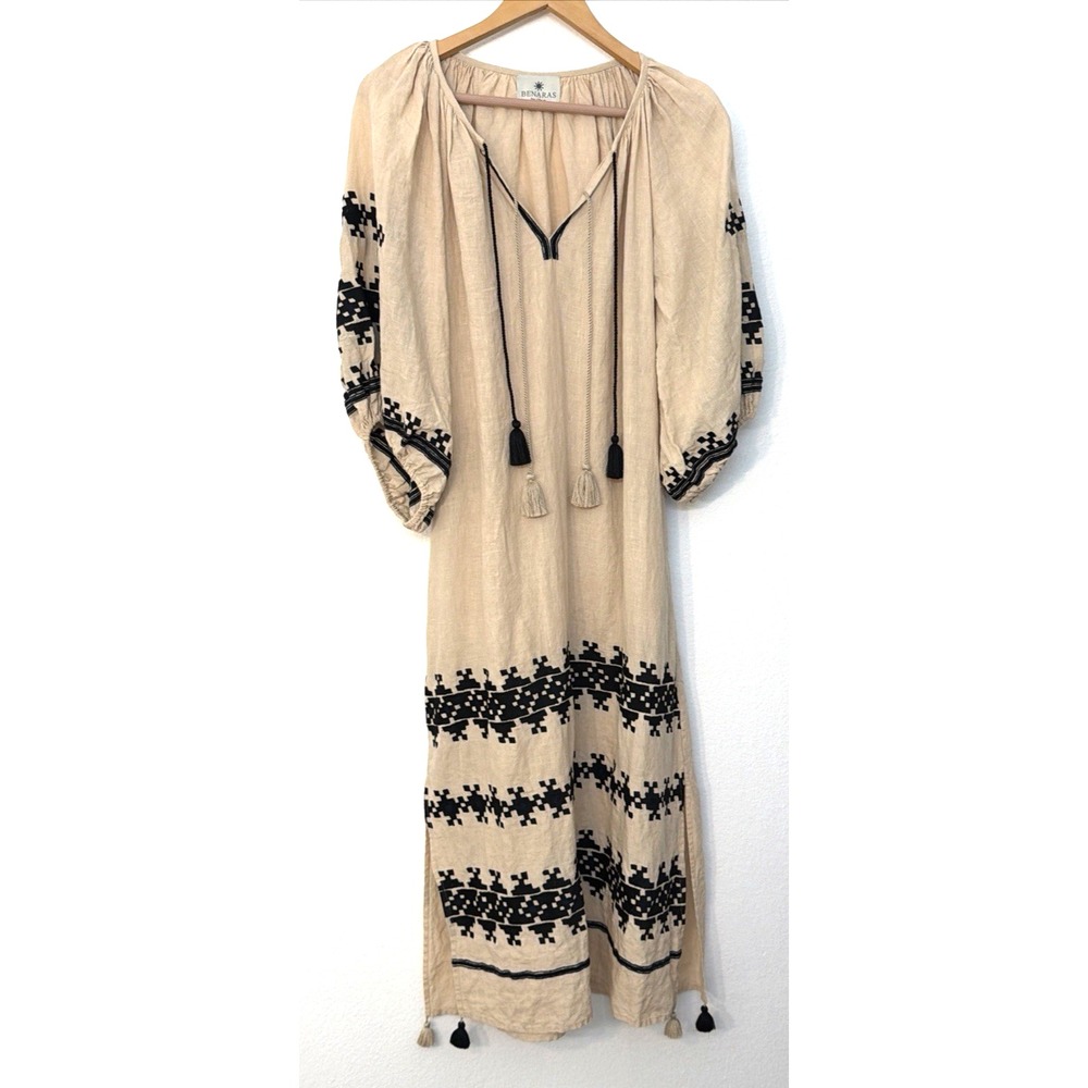 Benaras by Citrus Dress Womens Small Linen Embroidered Beige Black Missing Belt